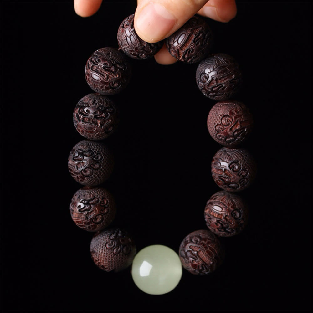 Bracelet PiXiu en bois de rose tibétain avec Buddha Stones et gravure - Bois de rose 20 mm (tour de poignet 15-17 cm) - image 0