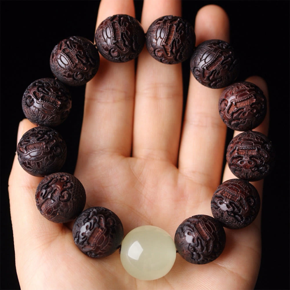 Bracelet PiXiu en bois de rose tibétain avec Buddha Stones et gravure - image 2