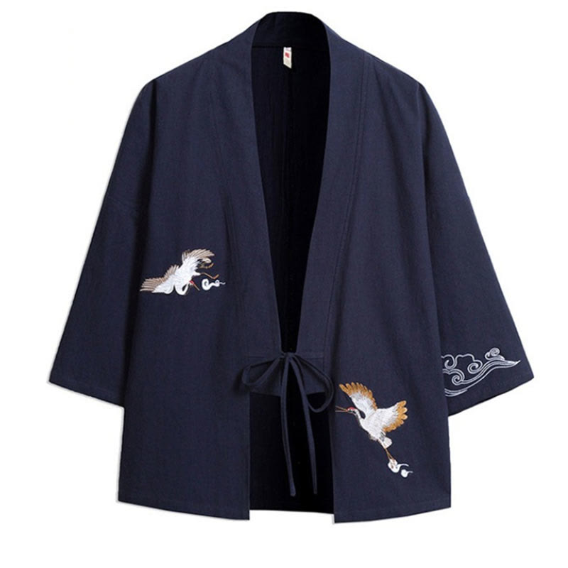 Veste kimono en coton et lin pour homme, motif ouvert sur le devant, broderies Buddha Stones , grues et nuages