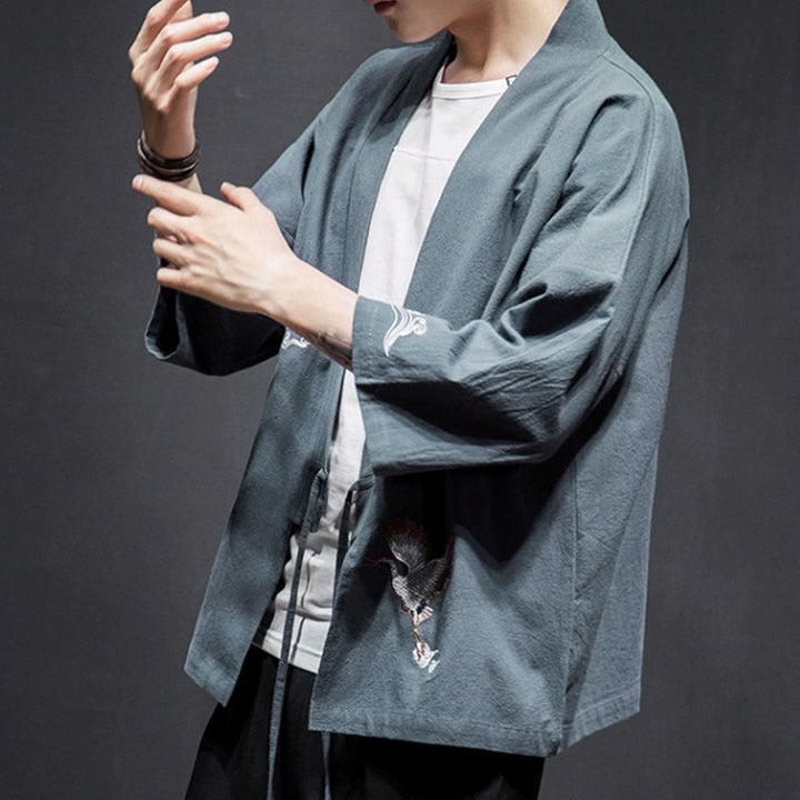 Veste kimono en coton et lin pour homme, motif ouvert sur le devant, broderies Buddha Stones , grues et nuages