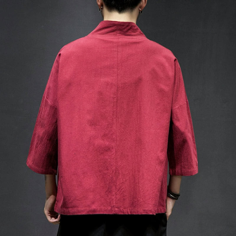 Veste kimono en coton et lin pour homme, motif ouvert sur le devant, broderies Buddha Stones , grues et nuages