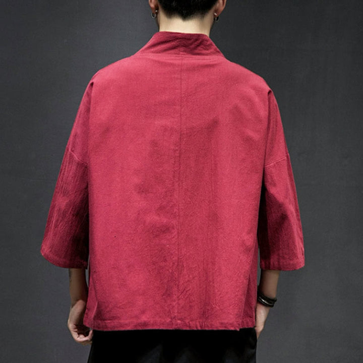 Veste kimono en coton et lin pour homme, motif ouvert sur le devant, broderies Buddha Stones , grues et nuages