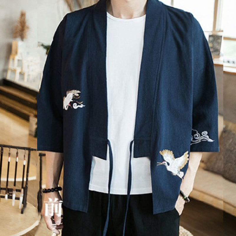 Veste kimono en coton et lin pour homme, motif ouvert sur le devant, broderies Buddha Stones , grues et nuages