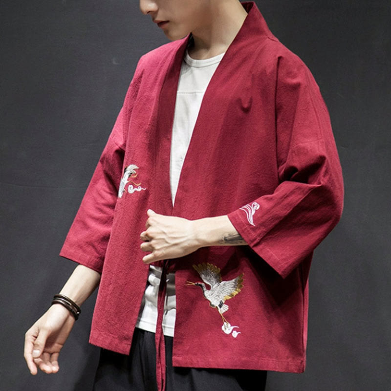 Veste kimono en coton et lin pour homme, motif ouvert sur le devant, broderies Buddha Stones , grues et nuages