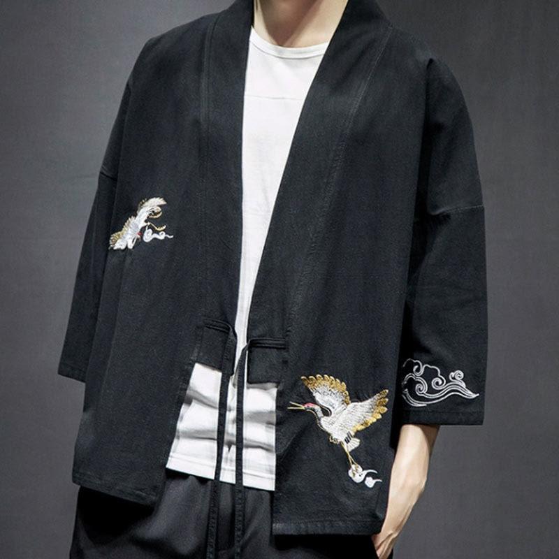 Veste kimono en coton et lin pour homme, motif ouvert sur le devant, broderies Buddha Stones , grues et nuages