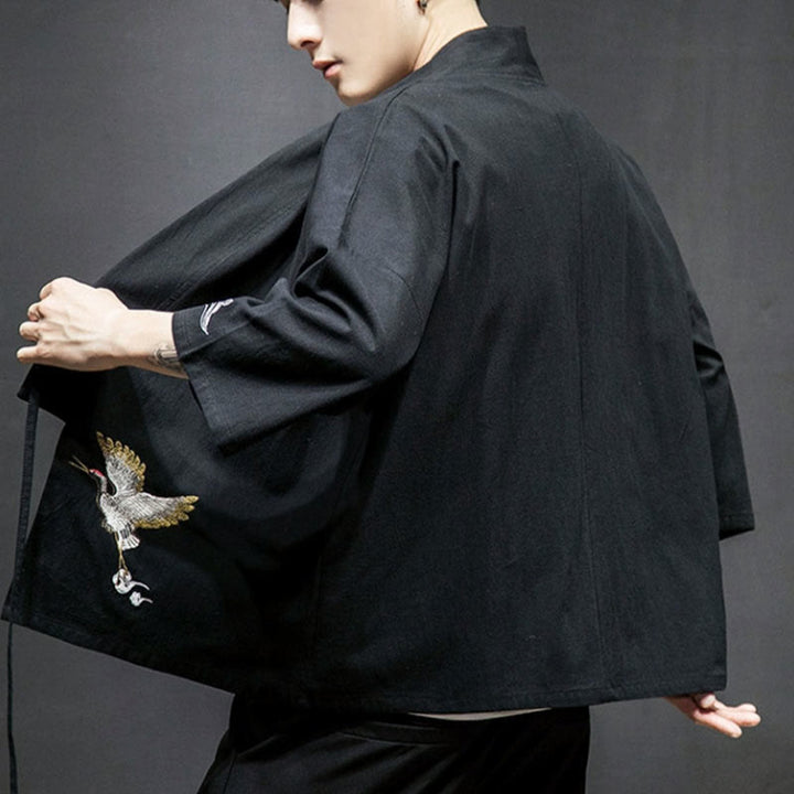Veste kimono en coton et lin pour homme, motif ouvert sur le devant, broderies Buddha Stones , grues et nuages