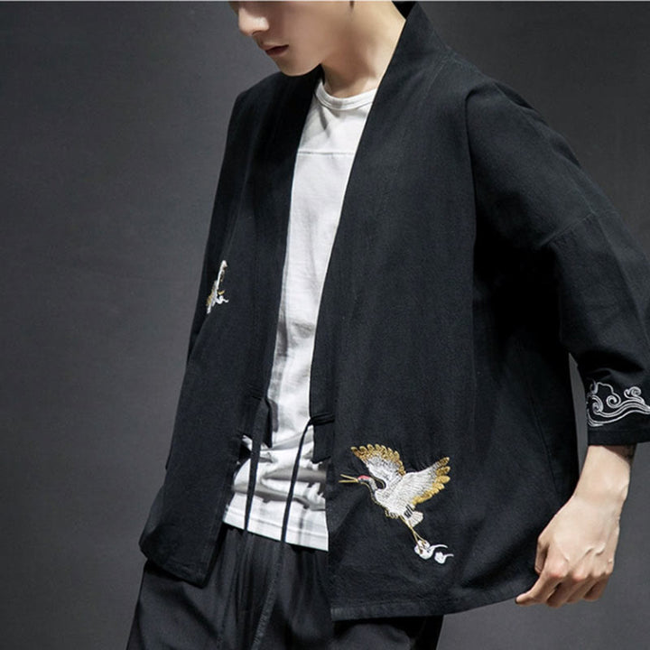 Veste kimono en coton et lin pour homme, motif ouvert sur le devant, broderies Buddha Stones , grues et nuages