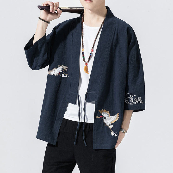 Veste kimono en coton et lin pour homme, motif ouvert sur le devant, broderies Buddha Stones , grues et nuages