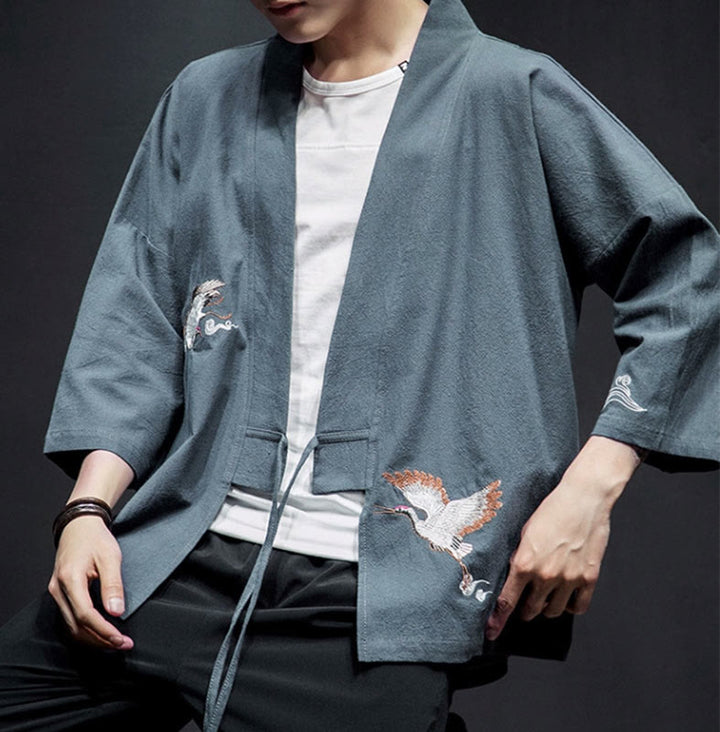 Veste kimono en coton et lin pour homme, motif ouvert sur le devant, broderies Buddha Stones , grues et nuages