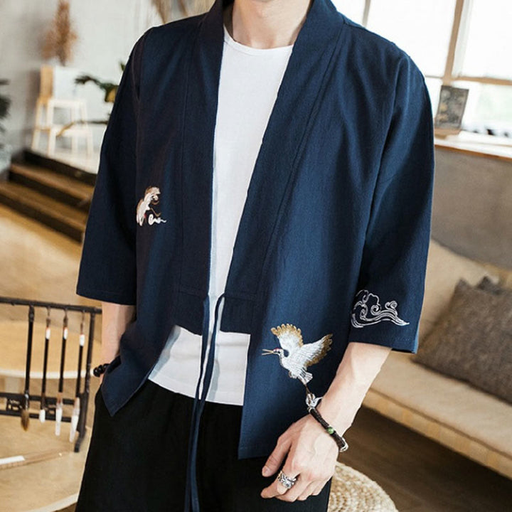 Veste kimono en coton et lin pour homme, motif ouvert sur le devant, broderies Buddha Stones , grues et nuages