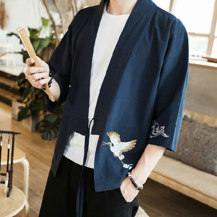 Veste kimono en coton et lin pour homme, motif ouvert sur le devant, broderies Buddha Stones , grues et nuages
