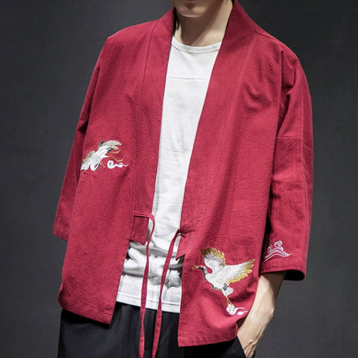 Veste kimono en coton et lin pour homme, motif ouvert sur le devant, broderies Buddha Stones , grues et nuages