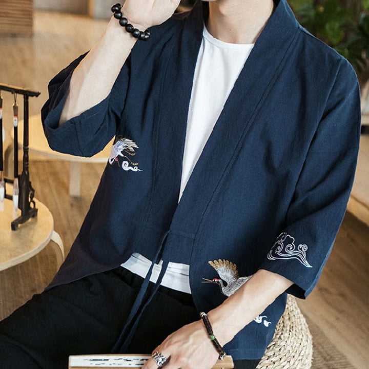 Veste ouverte en coton et lin avec broderie de Buddha Stones , kimono à manches trois-quarts pour homme - image 7