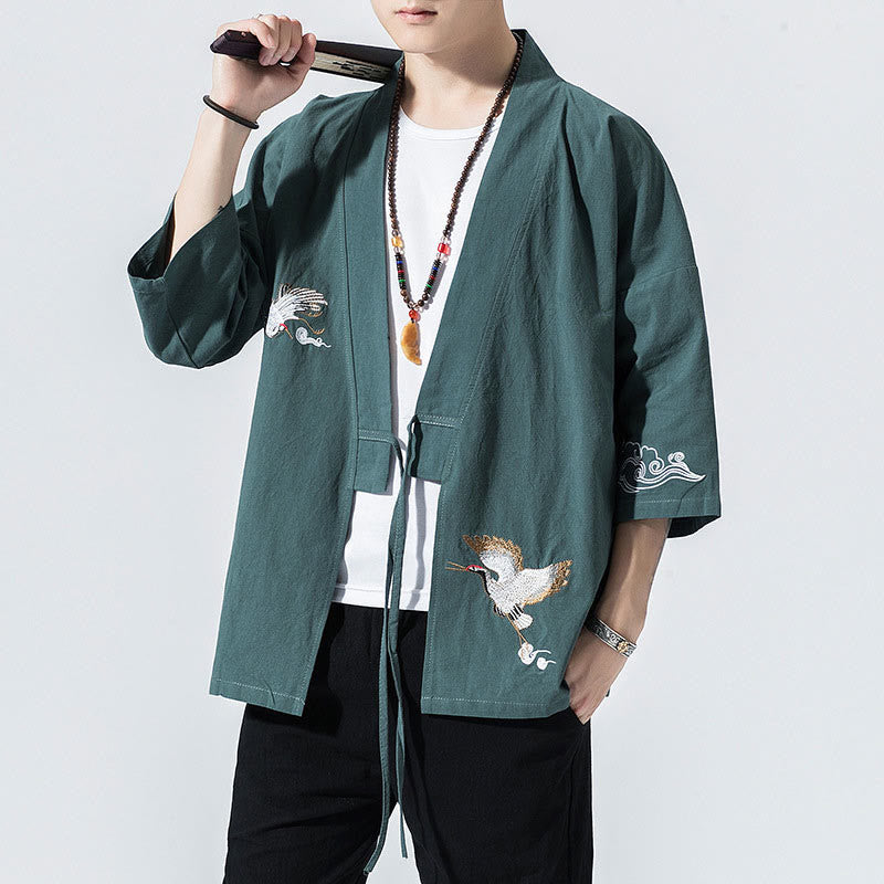 Veste kimono en coton et lin pour homme, motif ouvert sur le devant, broderies Buddha Stones , grues et nuages