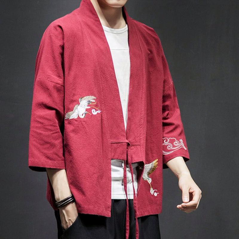 Veste kimono en coton et lin pour homme, motif ouvert sur le devant, broderies Buddha Stones , grues et nuages