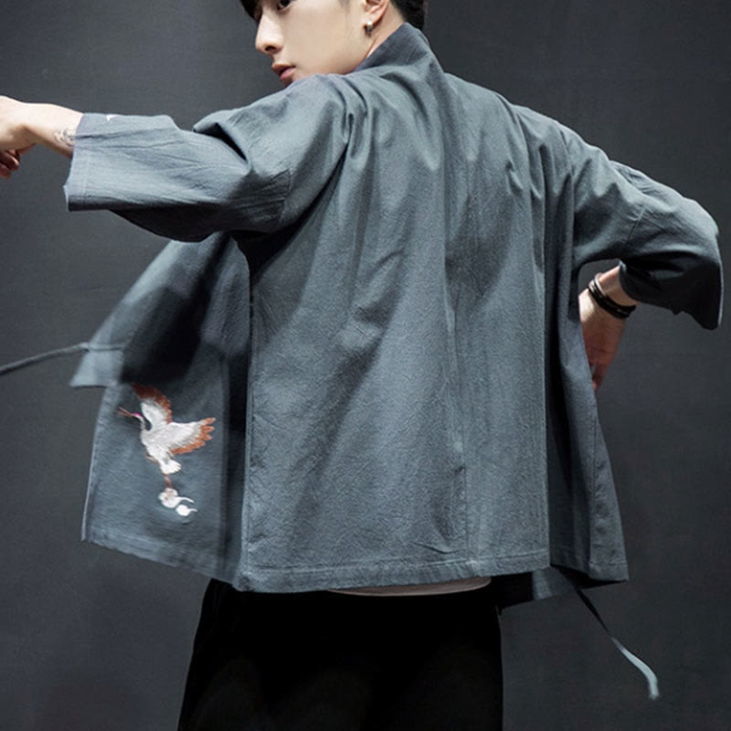 Veste kimono en coton et lin pour homme, motif ouvert sur le devant, broderies Buddha Stones , grues et nuages