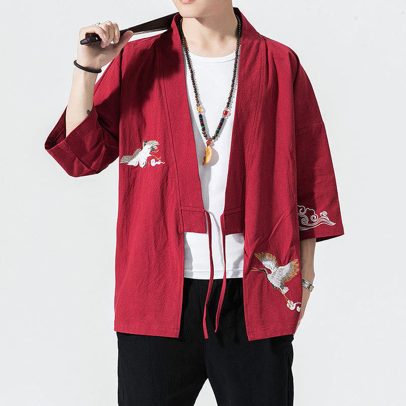 Veste kimono en coton et lin pour homme, motif ouvert sur le devant, broderies Buddha Stones , grues et nuages