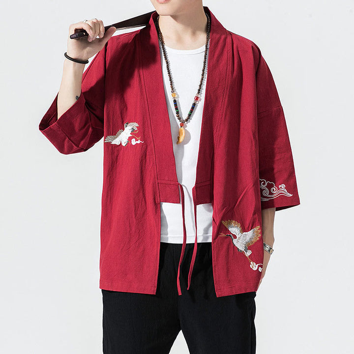 Veste kimono en coton et lin pour homme, motif ouvert sur le devant, broderies Buddha Stones , grues et nuages