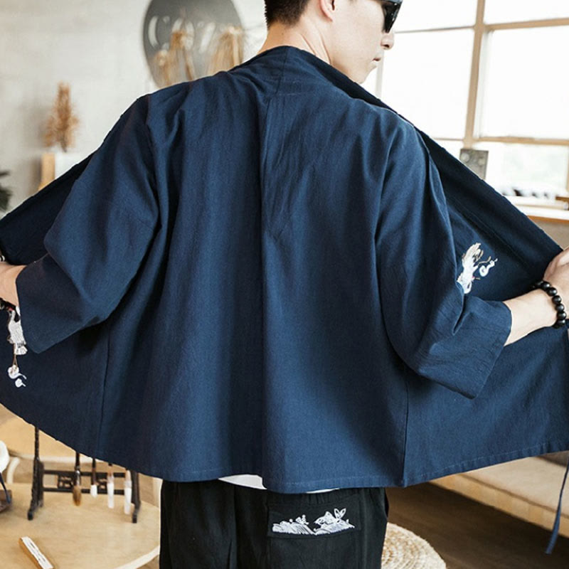 Veste kimono en coton et lin pour homme, motif ouvert sur le devant, broderies Buddha Stones , grues et nuages