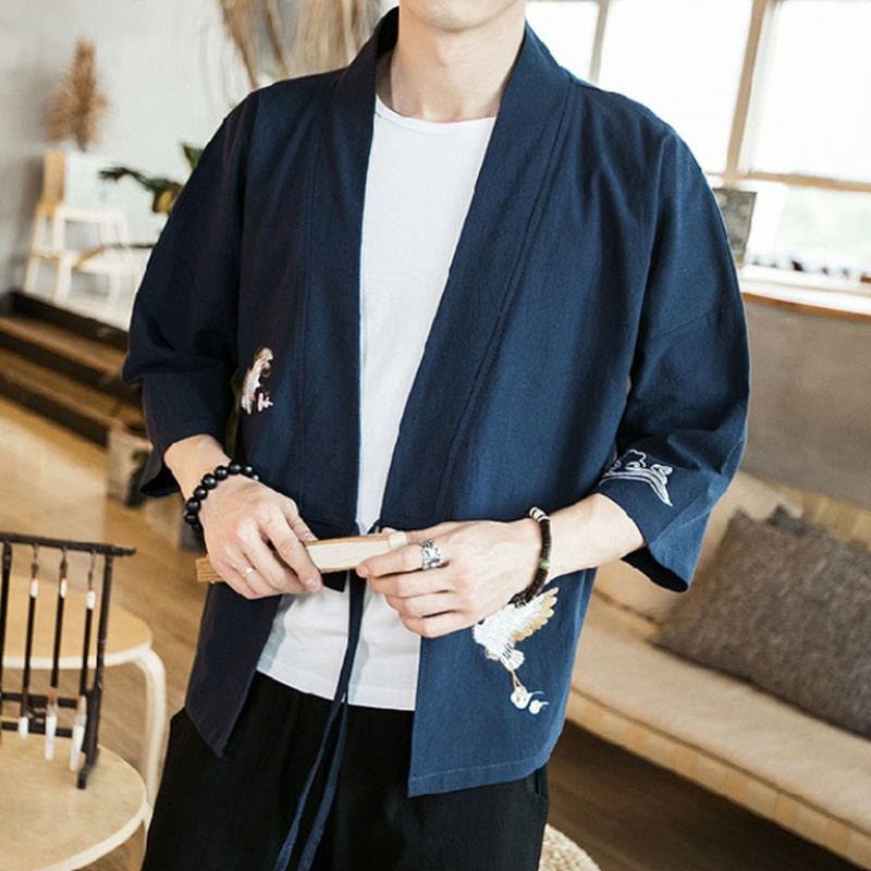 Veste kimono en coton et lin pour homme, motif ouvert sur le devant, broderies Buddha Stones , grues et nuages