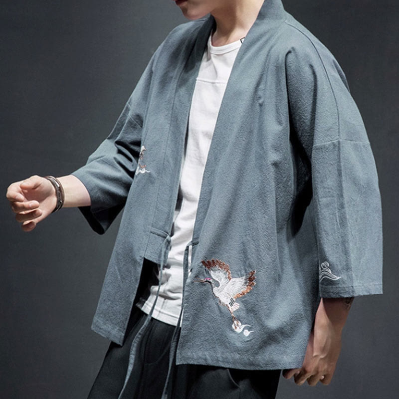 Veste kimono en coton et lin pour homme, motif ouvert sur le devant, broderies Buddha Stones , grues et nuages