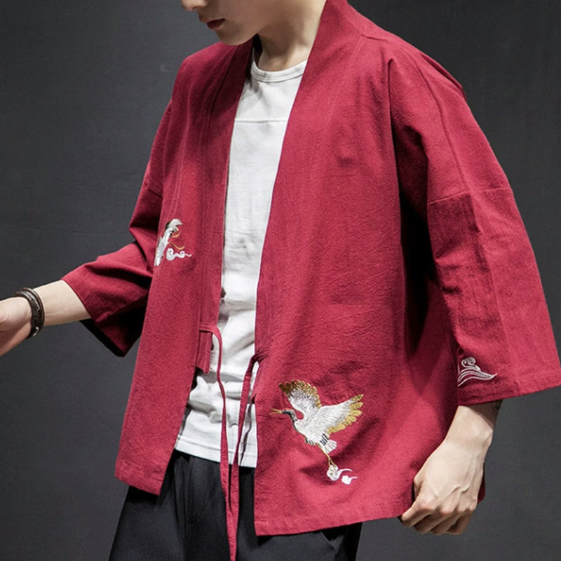Veste kimono en coton et lin pour homme, motif ouvert sur le devant, broderies Buddha Stones , grues et nuages