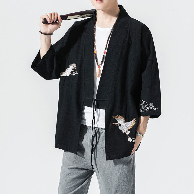 Veste kimono en coton et lin pour homme, motif ouvert sur le devant, broderies Buddha Stones , grues et nuages