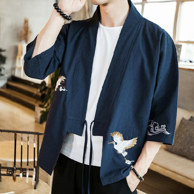 Veste kimono en coton et lin pour homme, motif ouvert sur le devant, broderies Buddha Stones , grues et nuages