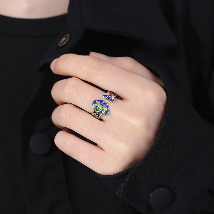 Bague réglable en cuivre avec Buddha Stones, fleur de lotus, pièces de monnaie, motif de poignée Ruyi, illumination