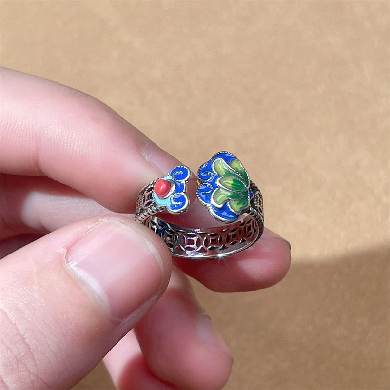Bague réglable en cuivre avec Buddha Stones, fleur de lotus, pièces de monnaie, motif de poignée Ruyi, illumination