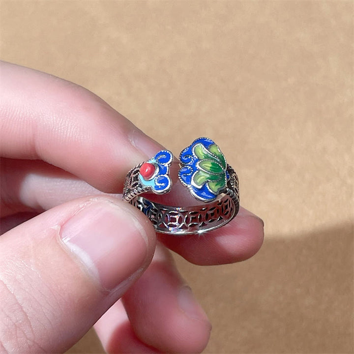Bague réglable en cuivre avec Buddha Stones, fleur de lotus, pièces de monnaie, motif de poignée Ruyi, illumination