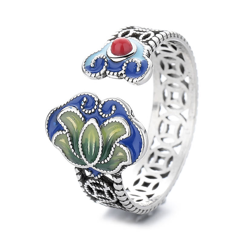 Bague réglable en cuivre avec Buddha Stones, fleur de lotus, pièces de monnaie, motif de poignée Ruyi, illumination