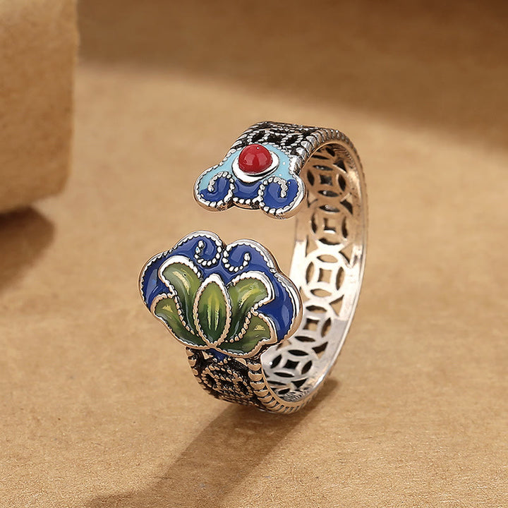 Bague réglable en cuivre avec Buddha Stones, fleur de lotus, pièces de monnaie, motif de poignée Ruyi, illumination