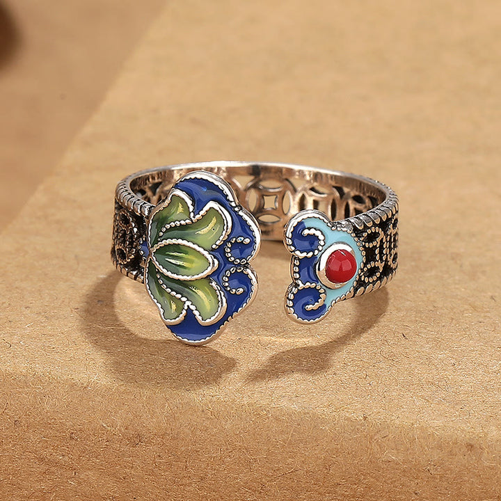 Bague réglable en cuivre avec Buddha Stones, fleur de lotus, pièces de monnaie, motif de poignée Ruyi, illumination