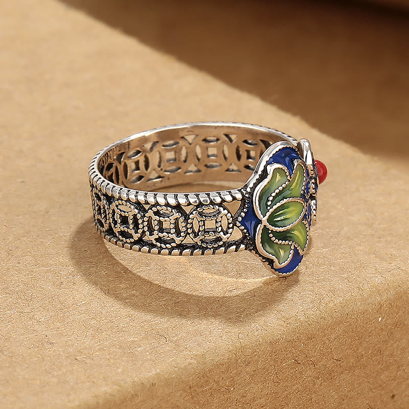 Bague réglable en cuivre avec Buddha Stones, fleur de lotus, pièces de monnaie, motif de poignée Ruyi, illumination