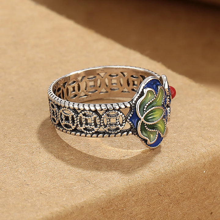 Bague réglable en cuivre avec Buddha Stones, fleur de lotus, pièces de monnaie, motif de poignée Ruyi, illumination