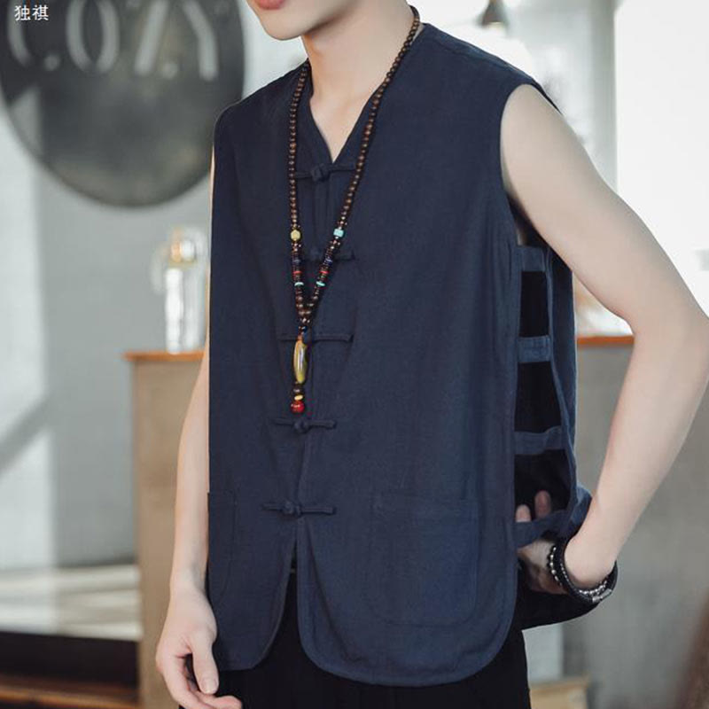Gilet décontracté en coton avec poches et boutons de grenouille chinois pour homme, motif Buddha Stones