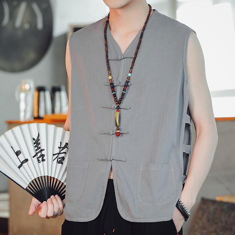 Gilet décontracté en coton avec poches et boutons de grenouille chinois pour homme, motif Buddha Stones