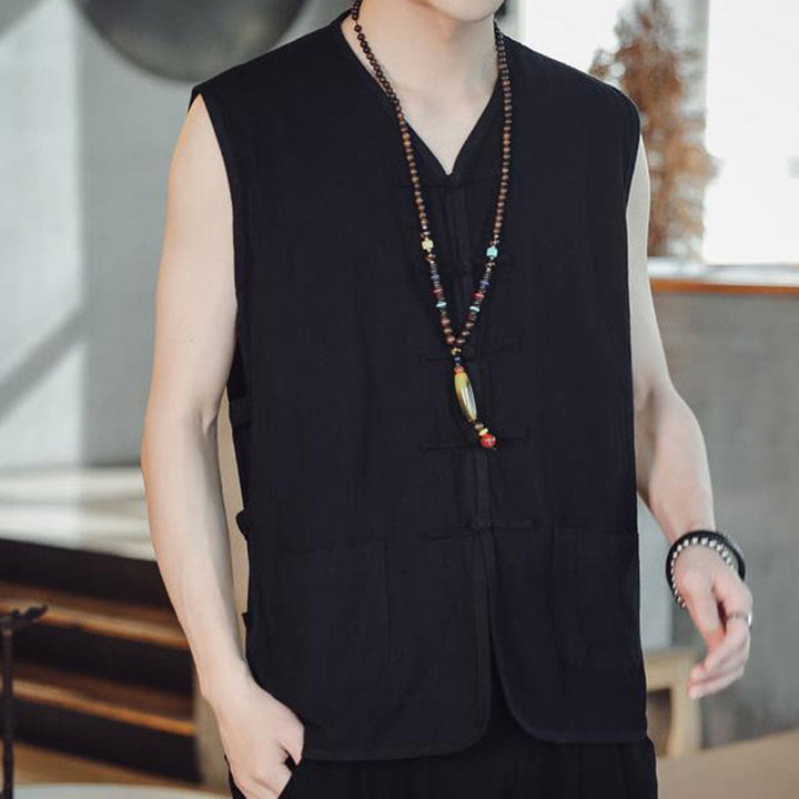 Gilet décontracté en coton avec poches et boutons de grenouille chinois pour homme, motif Buddha Stones