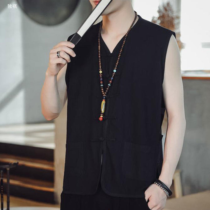 Gilet décontracté en coton avec poches et boutons de grenouille chinois pour homme, motif Buddha Stones