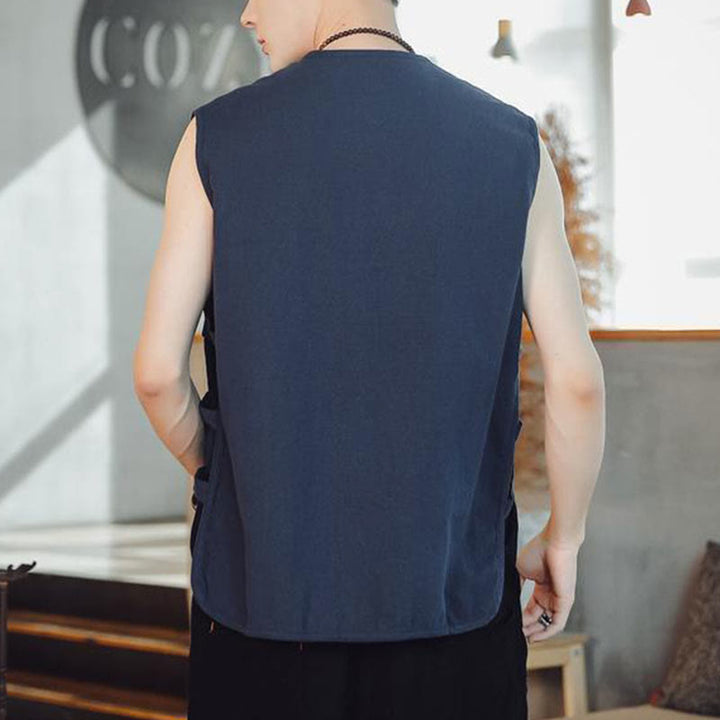 Gilet décontracté en coton avec poches et boutons de grenouille chinois pour homme, motif Buddha Stones