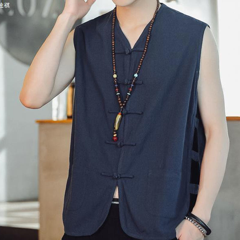 Gilet décontracté en coton avec poches et boutons de grenouille chinois pour homme, motif Buddha Stones