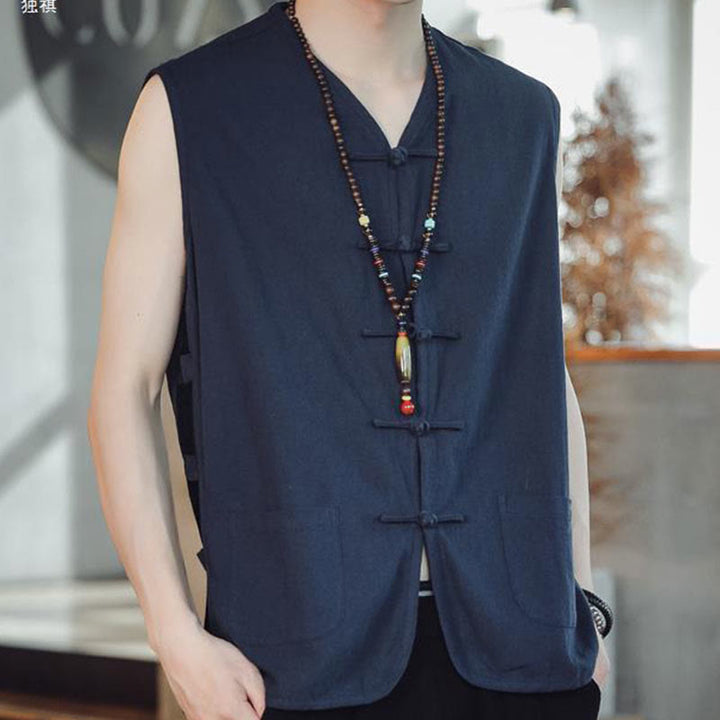 Gilet décontracté en coton avec poches et boutons de grenouille chinois pour homme, motif Buddha Stones