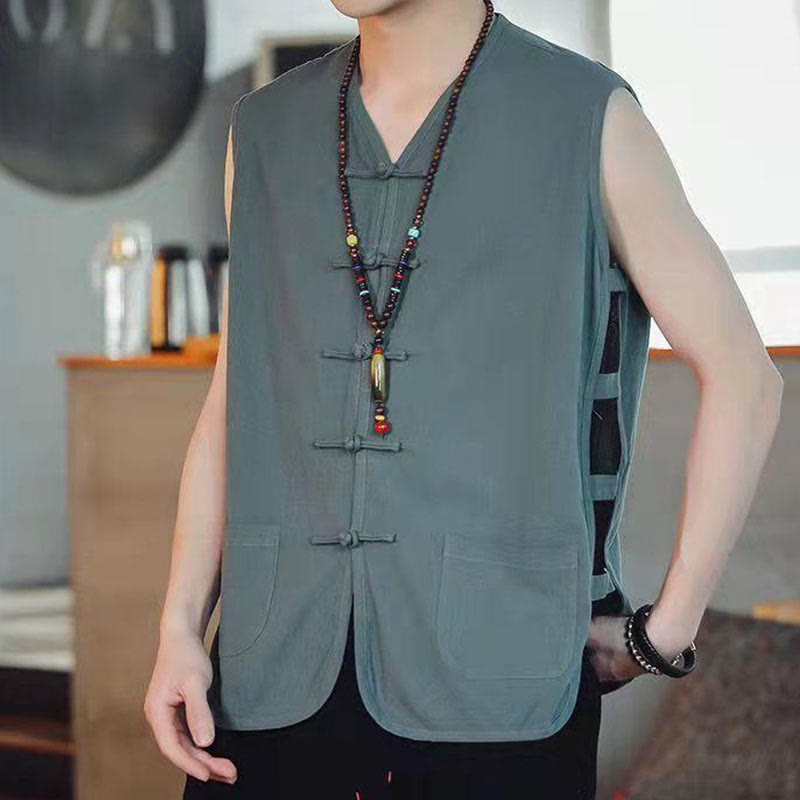 Gilet décontracté en coton avec poches et boutons de grenouille chinois pour homme, motif Buddha Stones