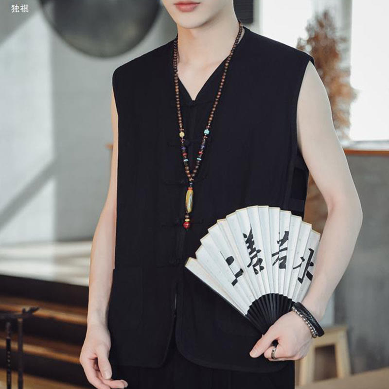Gilet décontracté en coton avec poches et boutons de grenouille chinois pour homme, motif Buddha Stones