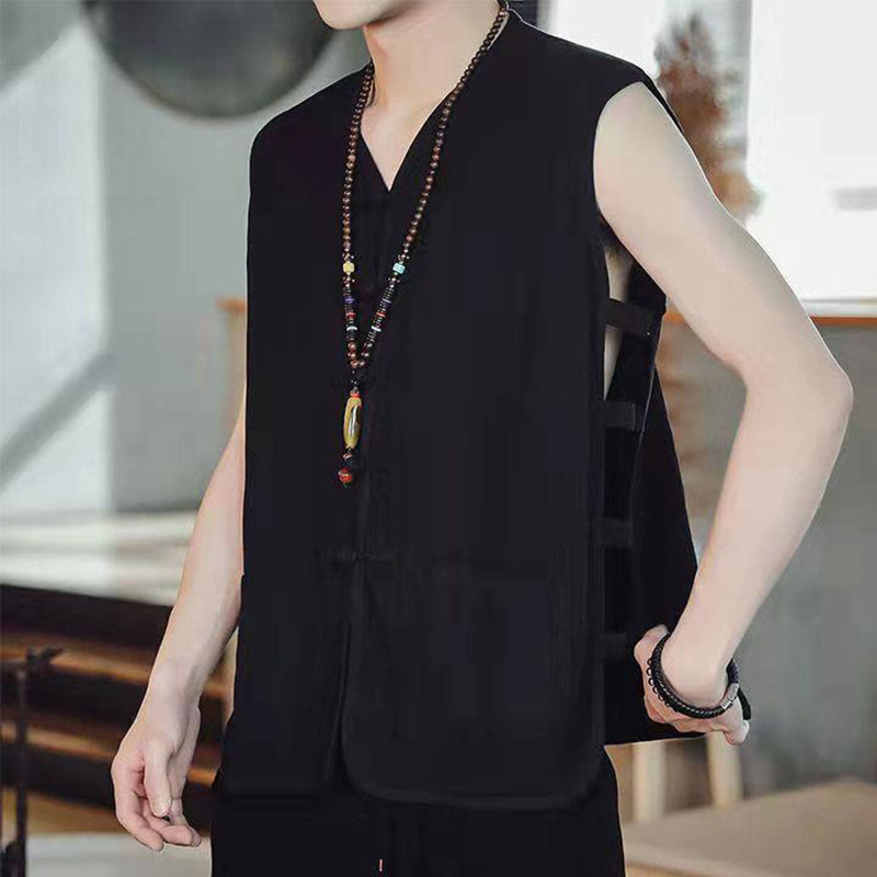 Gilet décontracté en coton avec poches et boutons de grenouille chinois pour homme, motif Buddha Stones