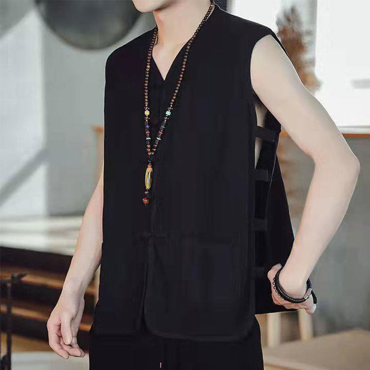 Gilet décontracté en coton avec poches et boutons de grenouille chinois pour homme, motif Buddha Stones