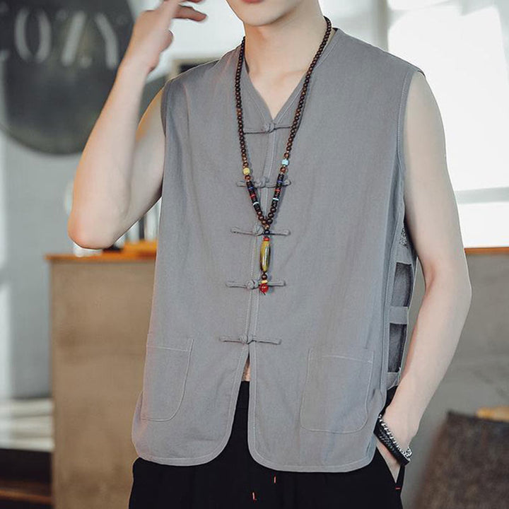 Gilet décontracté en coton avec poches et boutons de grenouille chinois pour homme, motif Buddha Stones