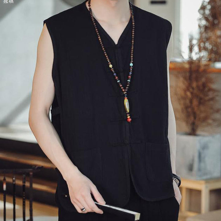 Gilet décontracté en coton avec poches et boutons de grenouille chinois pour homme, motif Buddha Stones