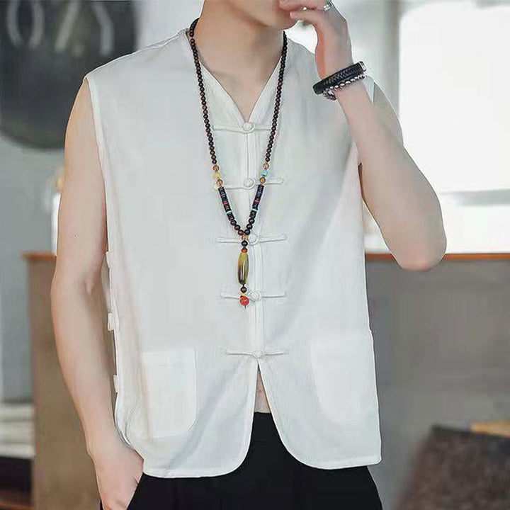 Gilet décontracté en coton avec poches et boutons de grenouille chinois pour homme, motif Buddha Stones